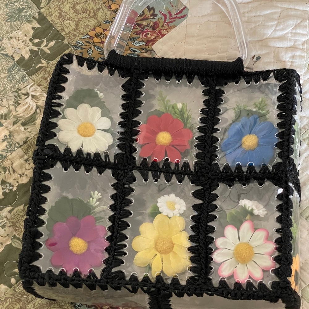 Vintage Aesthetic MultiColored Flower  Patchwork Handbag Featuring Clear Handles